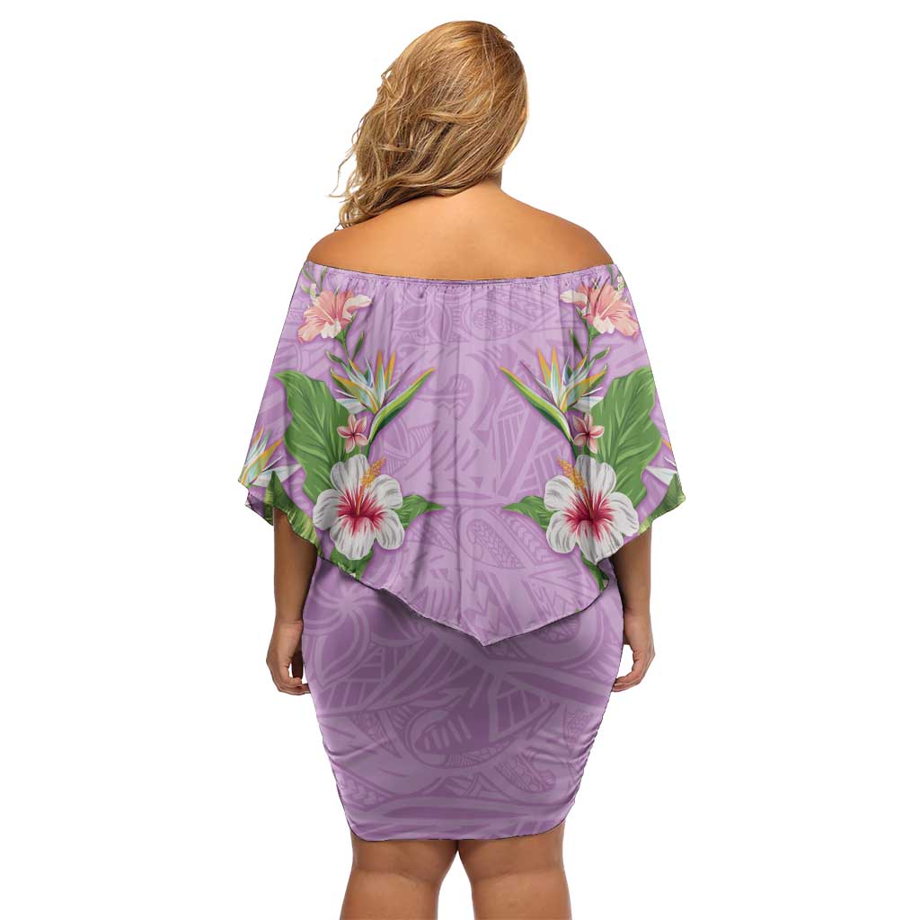 Hawaii Tropical Flowers Family Matching Off Shoulder Short Dress and Hawaiian Shirt Lavender Polynesian Tattoo Art LT05 - Polynesian Pride