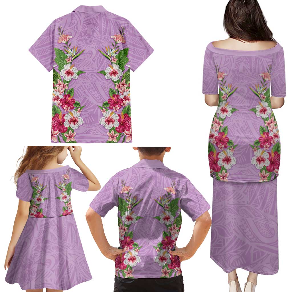 Hawaii Tropical Flowers Family Matching Puletasi and Hawaiian Shirt Lavender Polynesian Tattoo Art LT05 - Polynesian Pride