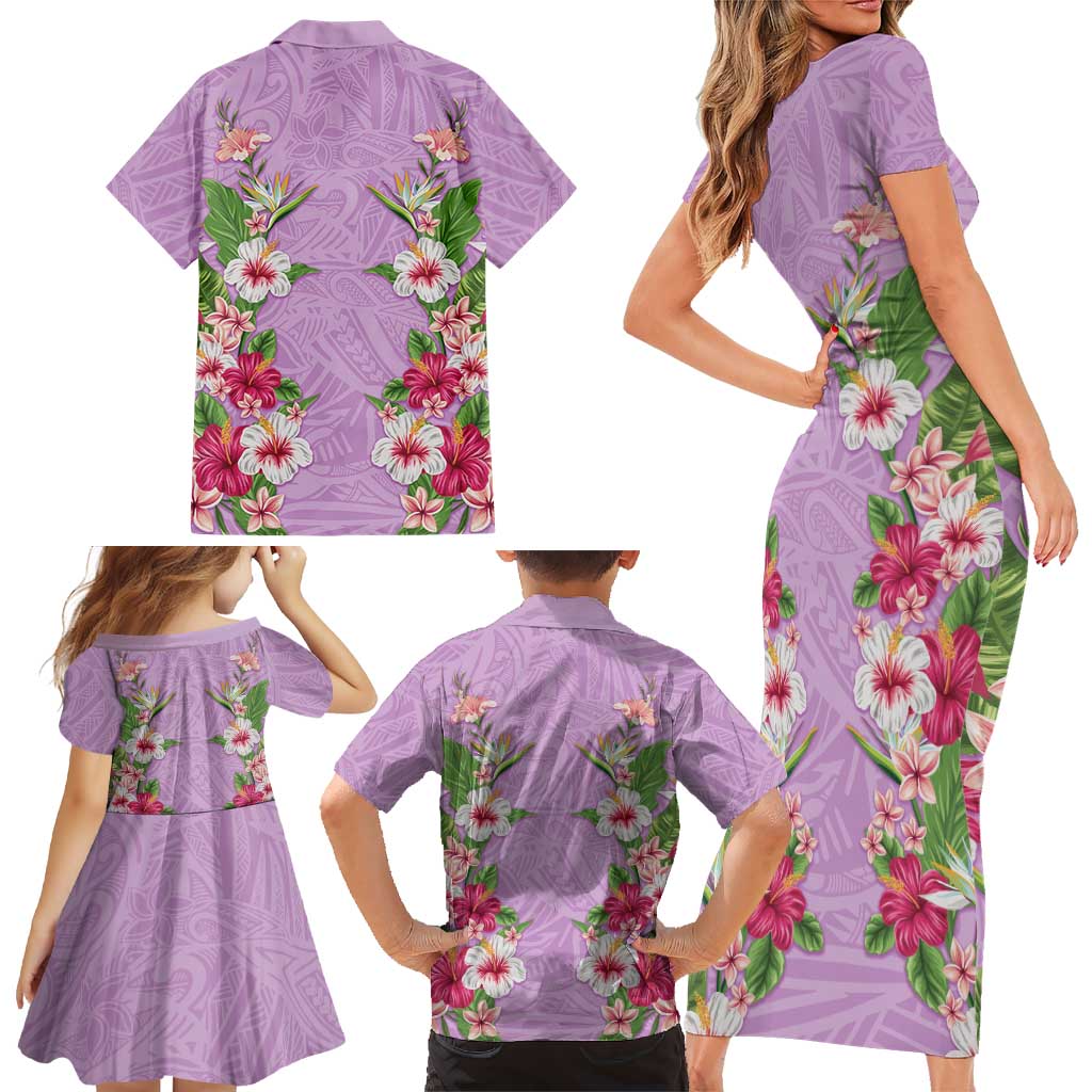Hawaii Tropical Flowers Family Matching Short Sleeve Bodycon Dress and Hawaiian Shirt Lavender Polynesian Tattoo Art LT05 - Polynesian Pride