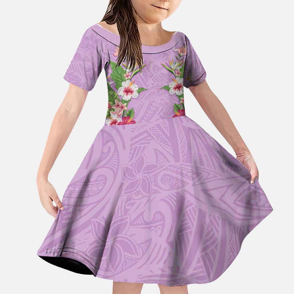 Hawaii Tropical Flowers Family Matching Summer Maxi Dress and Hawaiian Shirt Lavender Polynesian Tattoo Art LT05 Daughter's Dress Lavender - Polynesian Pride