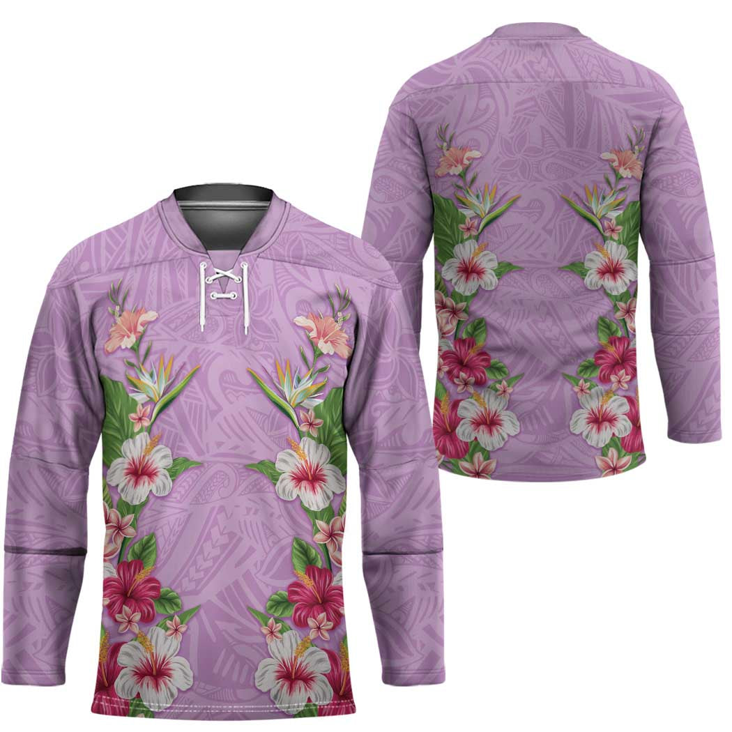 Hawaii Tropical Flowers Hockey Jersey Lavender Polynesian Tattoo Art