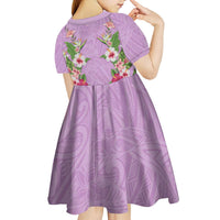 Hawaii Tropical Flowers Kid Short Sleeve Dress Lavender Polynesian Tattoo Art