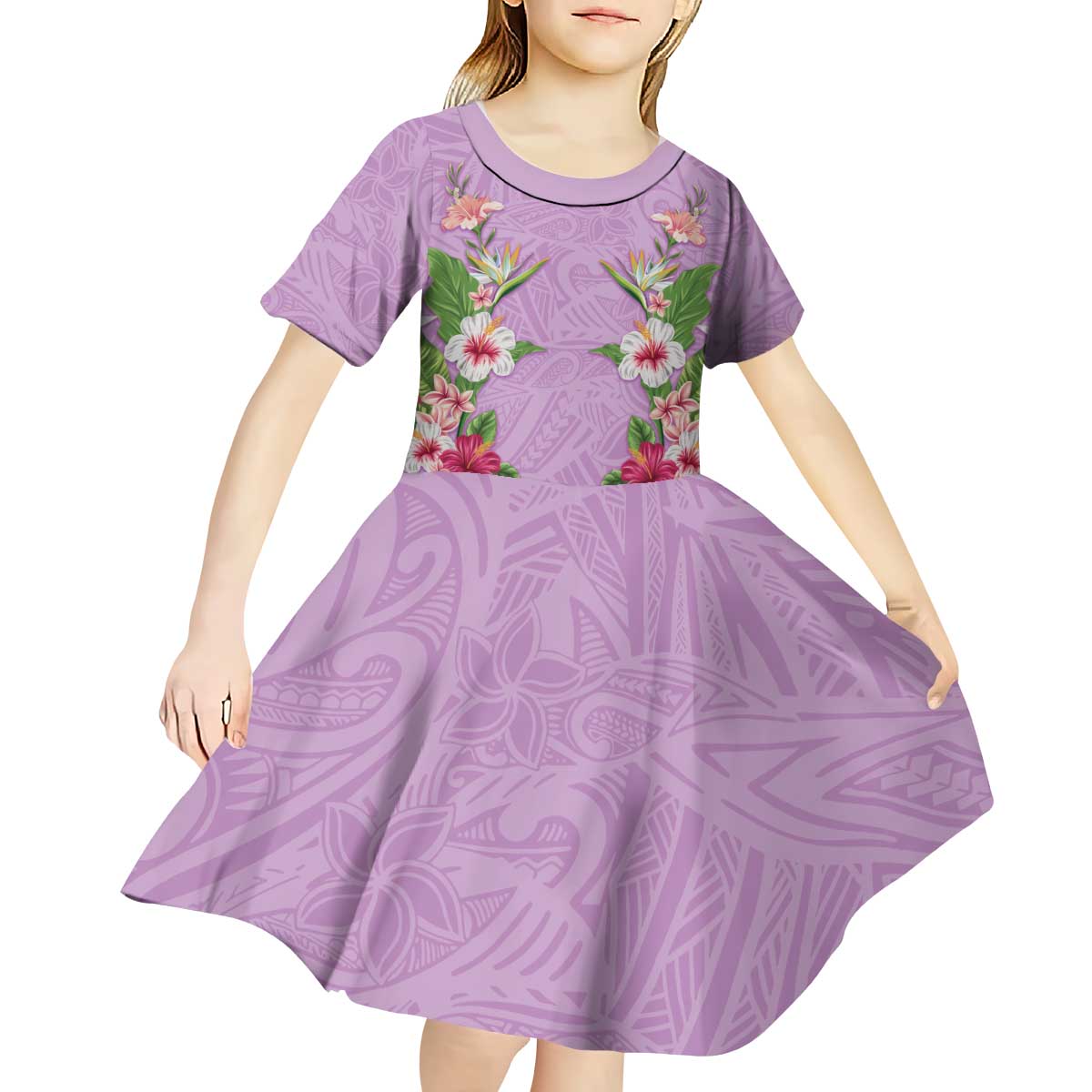 Hawaii Tropical Flowers Kid Short Sleeve Dress Lavender Polynesian Tattoo Art