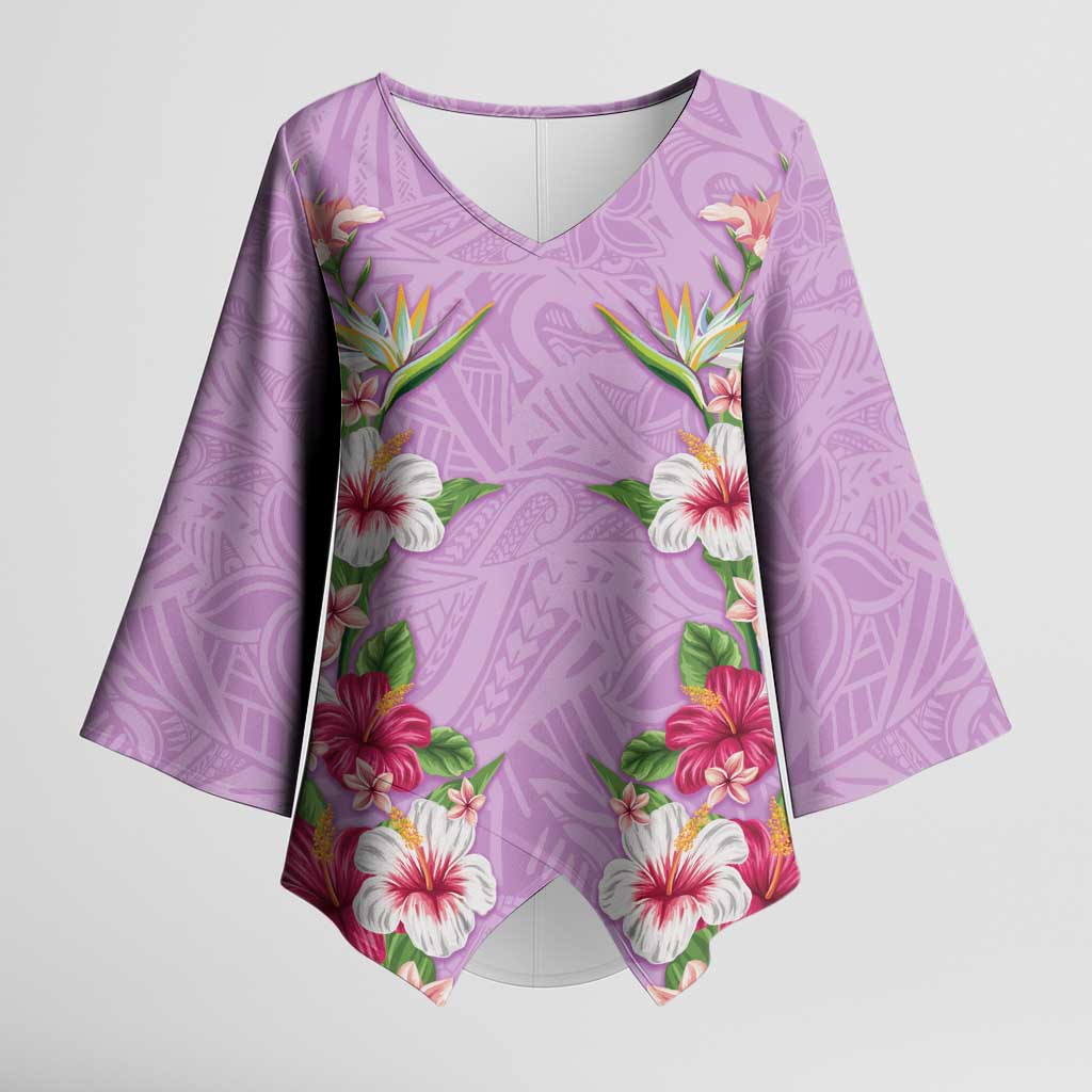 Hawaii Tropical Flowers Kimono Sleeve Blouse Lavender Polynesian Tattoo Art