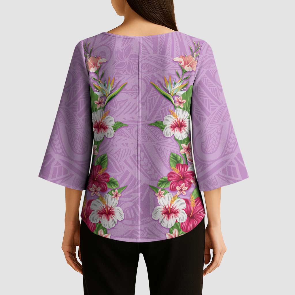 Hawaii Tropical Flowers Kimono Sleeve Blouse Lavender Polynesian Tattoo Art