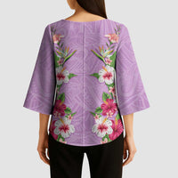 Hawaii Tropical Flowers Kimono Sleeve Blouse Lavender Polynesian Tattoo Art