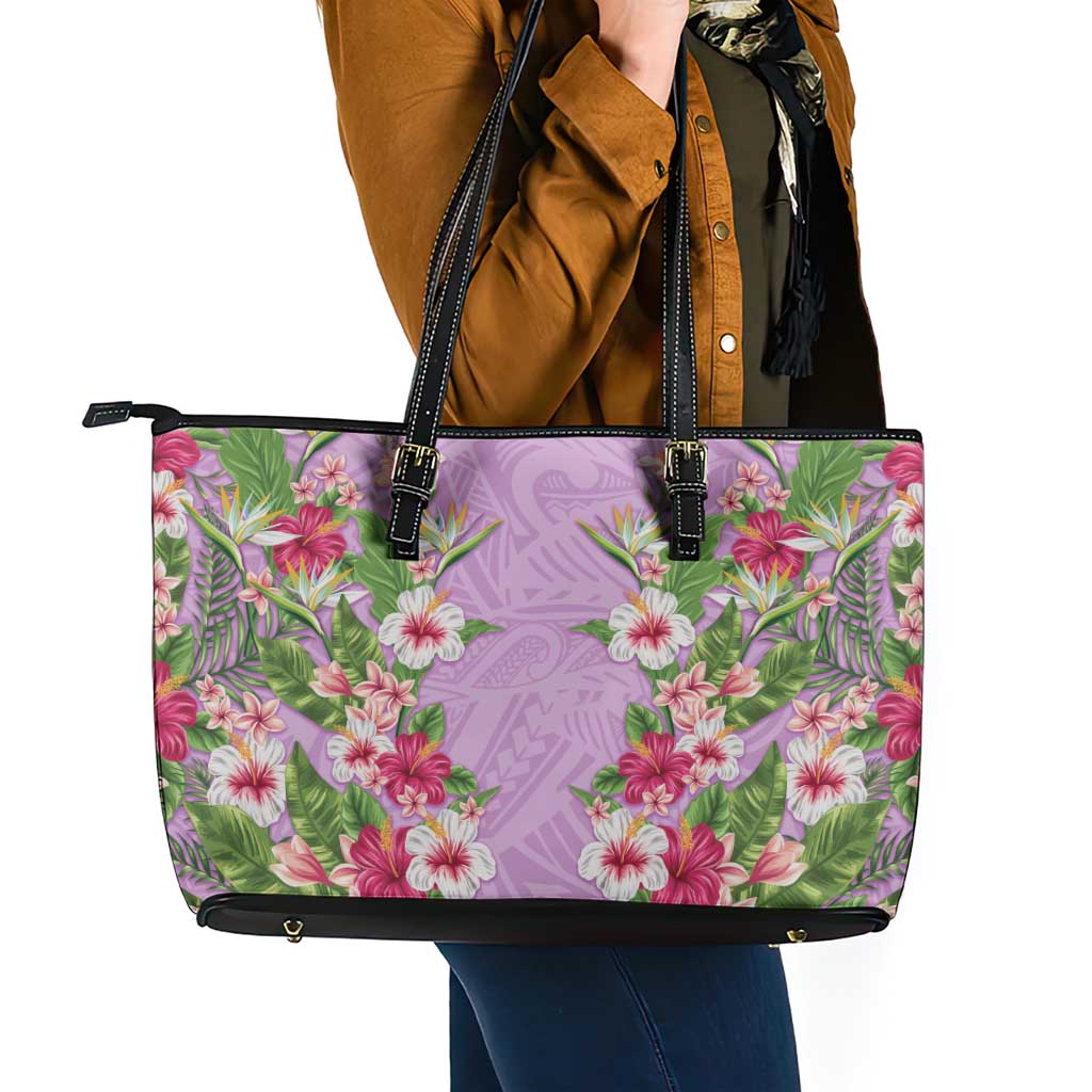 Hawaii Tropical Flowers Leather Tote Bag Lavender Polynesian Tattoo Art