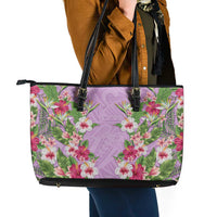 Hawaii Tropical Flowers Leather Tote Bag Lavender Polynesian Tattoo Art