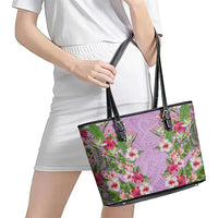 Hawaii Tropical Flowers Leather Tote Bag Lavender Polynesian Tattoo Art