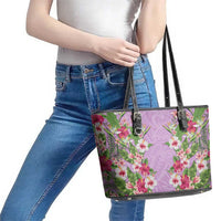 Hawaii Tropical Flowers Leather Tote Bag Lavender Polynesian Tattoo Art