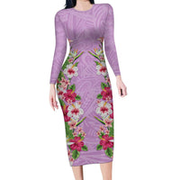 Hawaii Tropical Flowers Long Sleeve Bodycon Dress Lavender Polynesian Tattoo Art