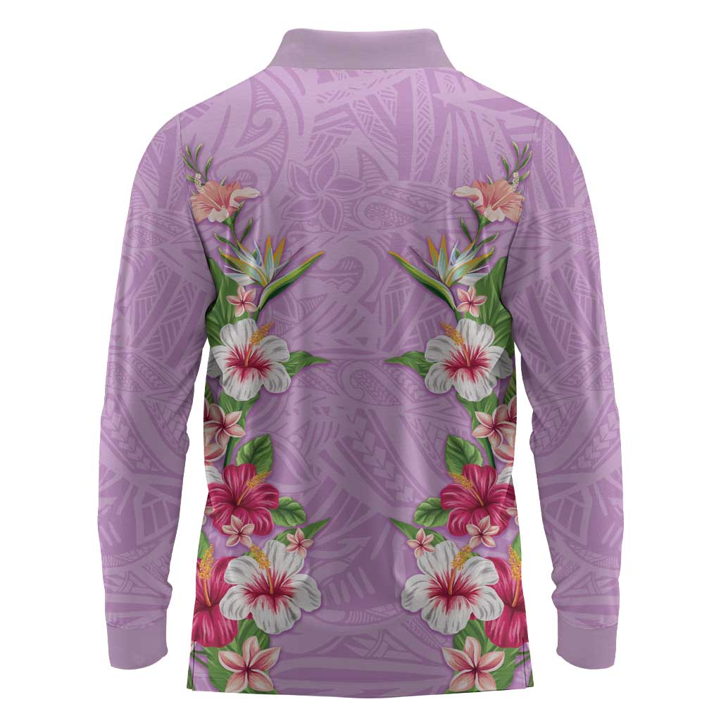Hawaii Tropical Flowers Long Sleeve Polo Shirt Lavender Polynesian Tattoo Art
