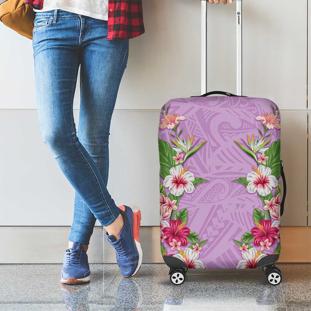 Hawaii Tropical Flowers Luggage Cover Lavender Polynesian Tattoo Art