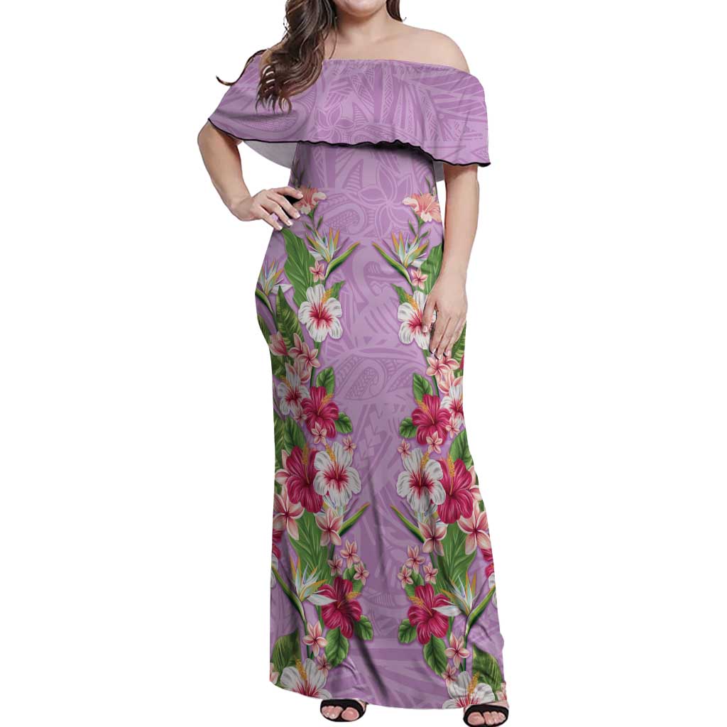 Hawaii Tropical Flowers Off Shoulder Maxi Dress Lavender Polynesian Tattoo Art