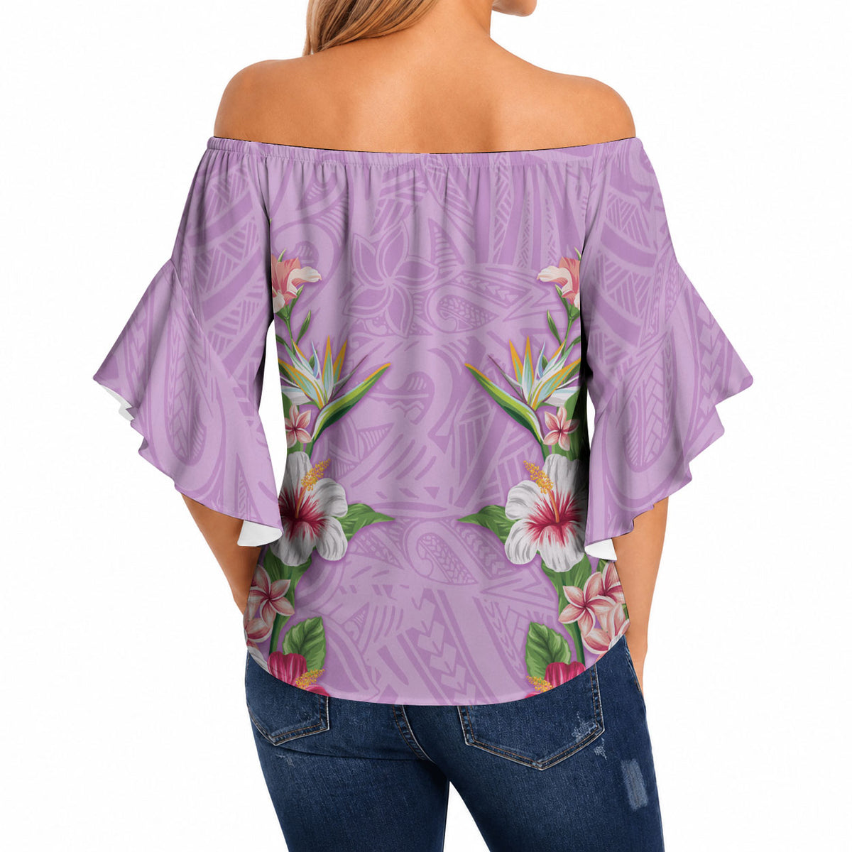 Hawaii Tropical Flowers Off Shoulder Wrap Waist Top Lavender Polynesian Tattoo Art LT05 - Polynesian Pride