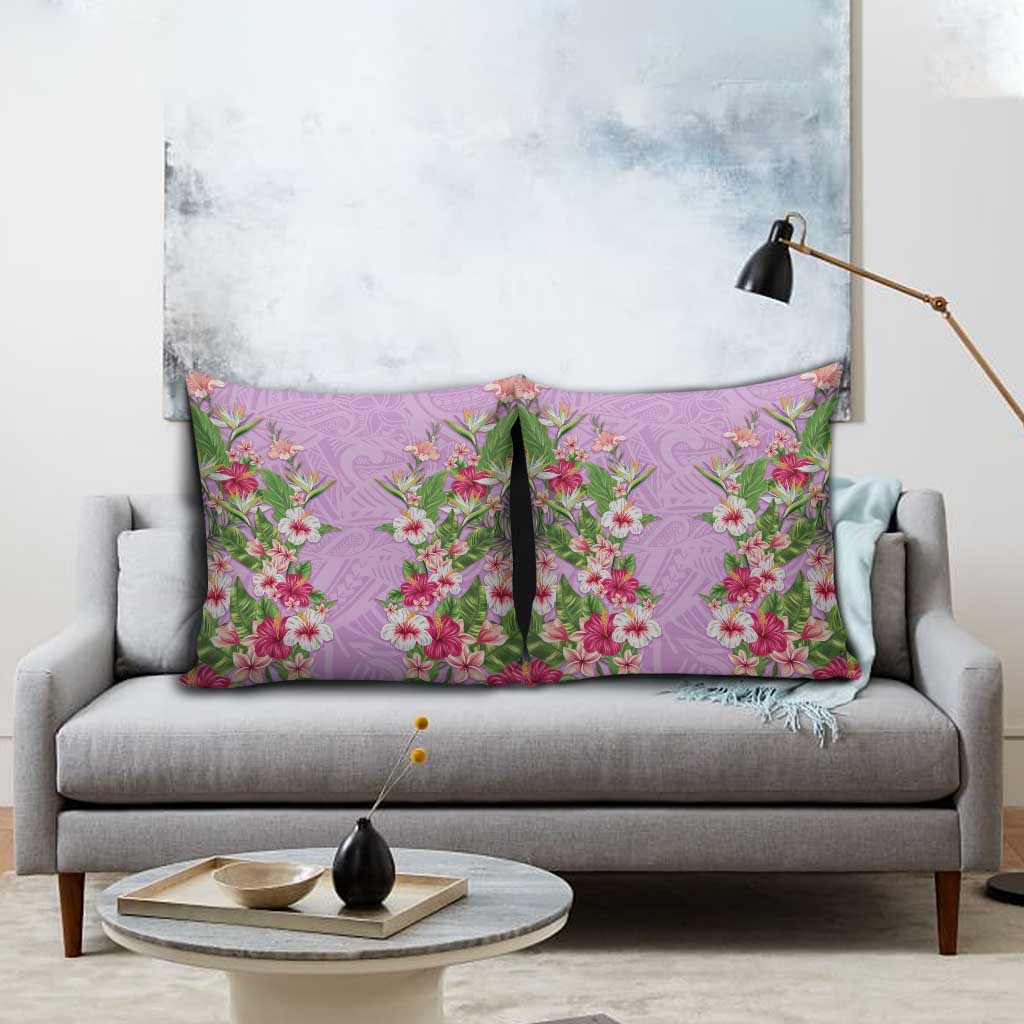 Hawaii Tropical Flowers Pillow Cover Lavender Polynesian Tattoo Art