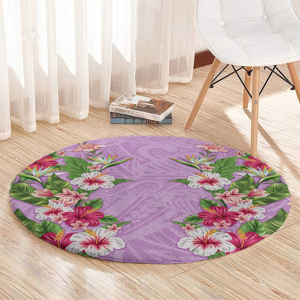 Hawaii Tropical Flowers Round Carpet Lavender Polynesian Tattoo Art