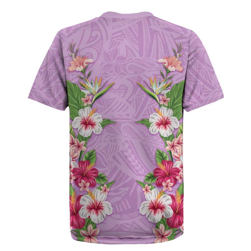 Hawaii Tropical Flowers Rugby Jersey Lavender Polynesian Tattoo Art