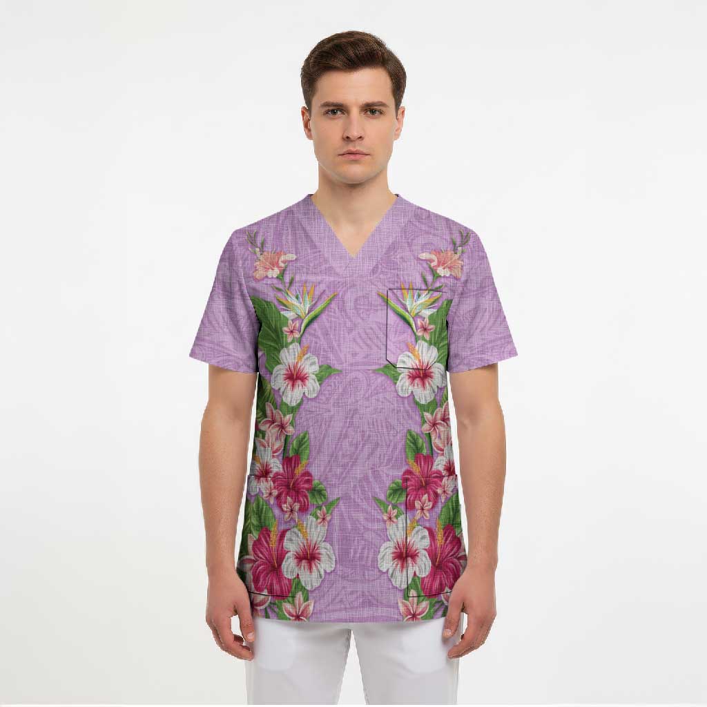 Hawaii Tropical Flowers Scrub Top Lavender Polynesian Tattoo Art