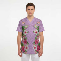 Hawaii Tropical Flowers Scrub Top Lavender Polynesian Tattoo Art