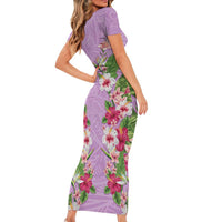 Hawaii Tropical Flowers Short Sleeve Bodycon Dress Lavender Polynesian Tattoo Art