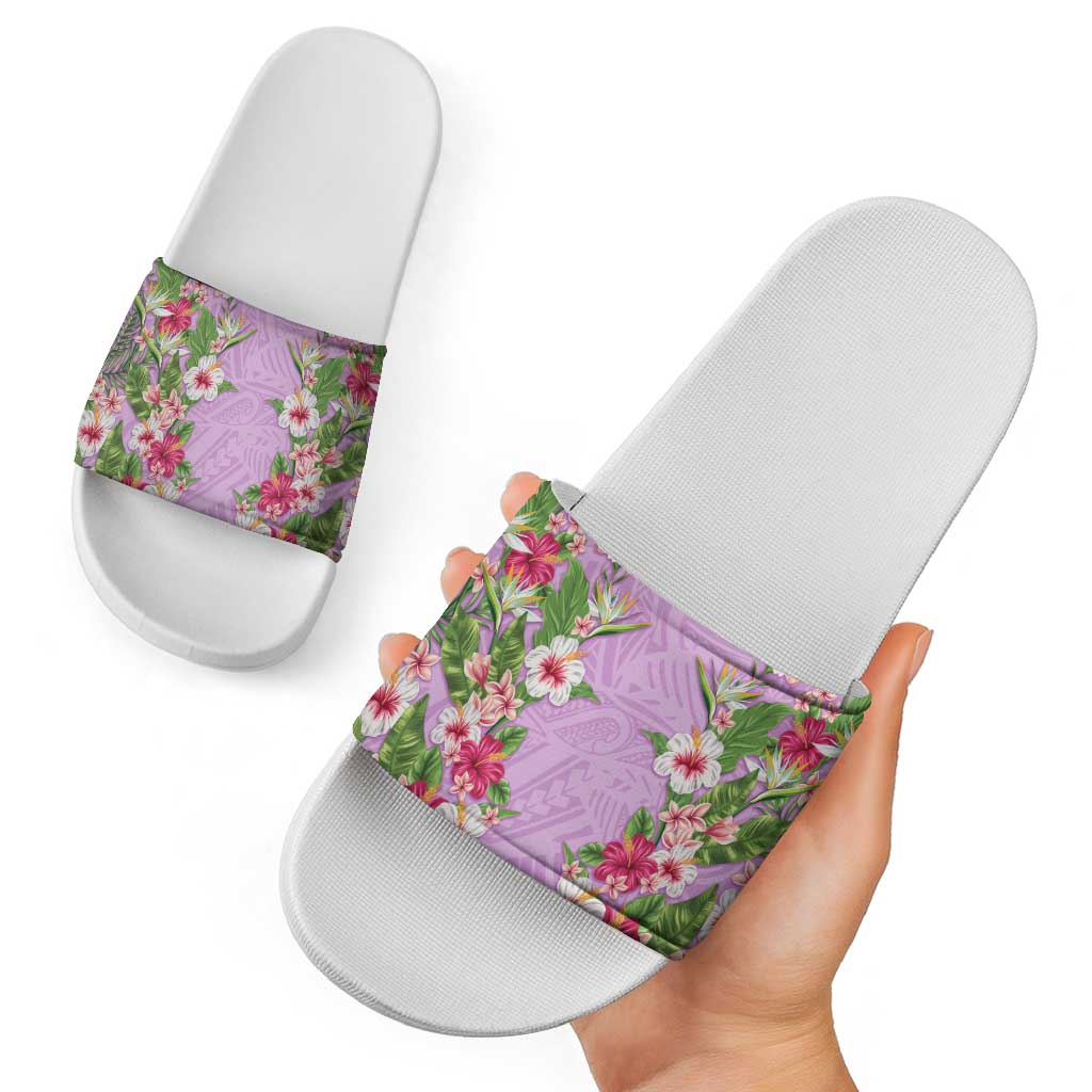 Hawaii Tropical Flowers Slide Sandals Lavender Polynesian Tattoo Art