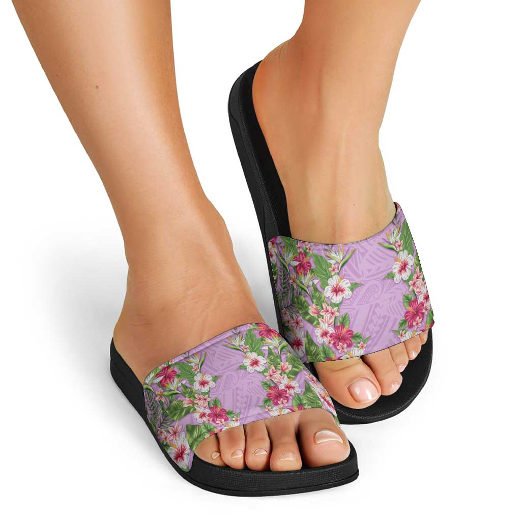 Hawaii Tropical Flowers Slide Sandals Lavender Polynesian Tattoo Art