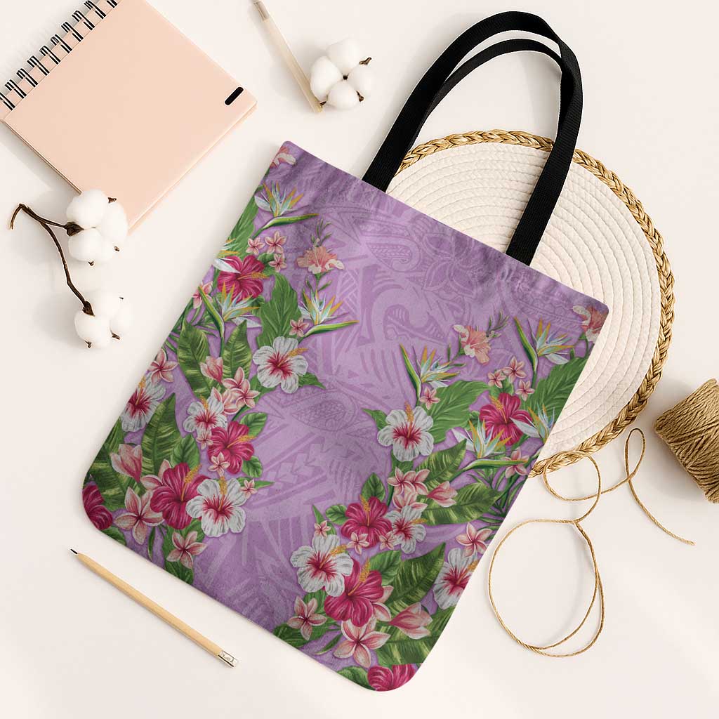 Hawaii Tropical Flowers Tote Bag Lavender Polynesian Tattoo Art