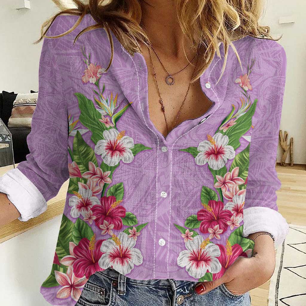 Hawaii Tropical Flowers Women Casual Shirt Lavender Polynesian Tattoo Art