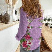 Hawaii Tropical Flowers Women Casual Shirt Lavender Polynesian Tattoo Art