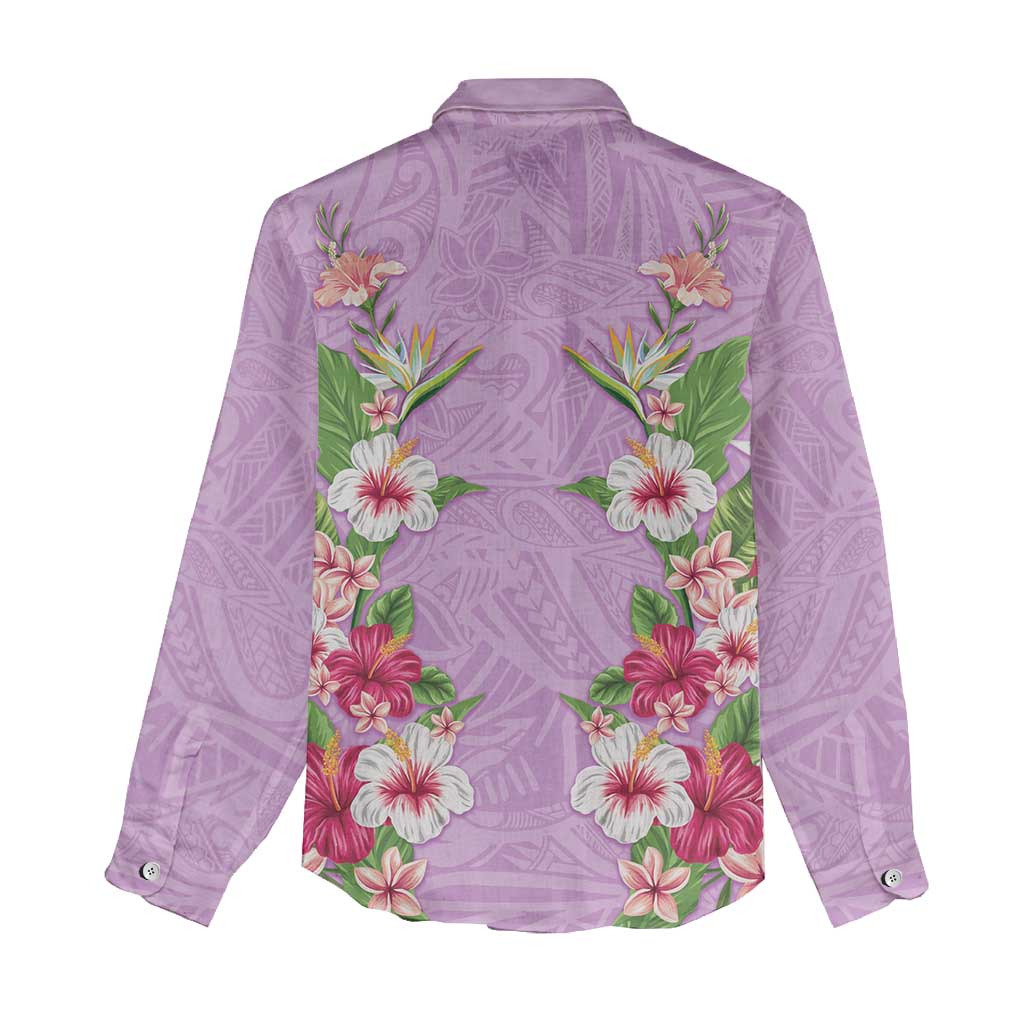 Hawaii Tropical Flowers Women Casual Shirt Lavender Polynesian Tattoo Art