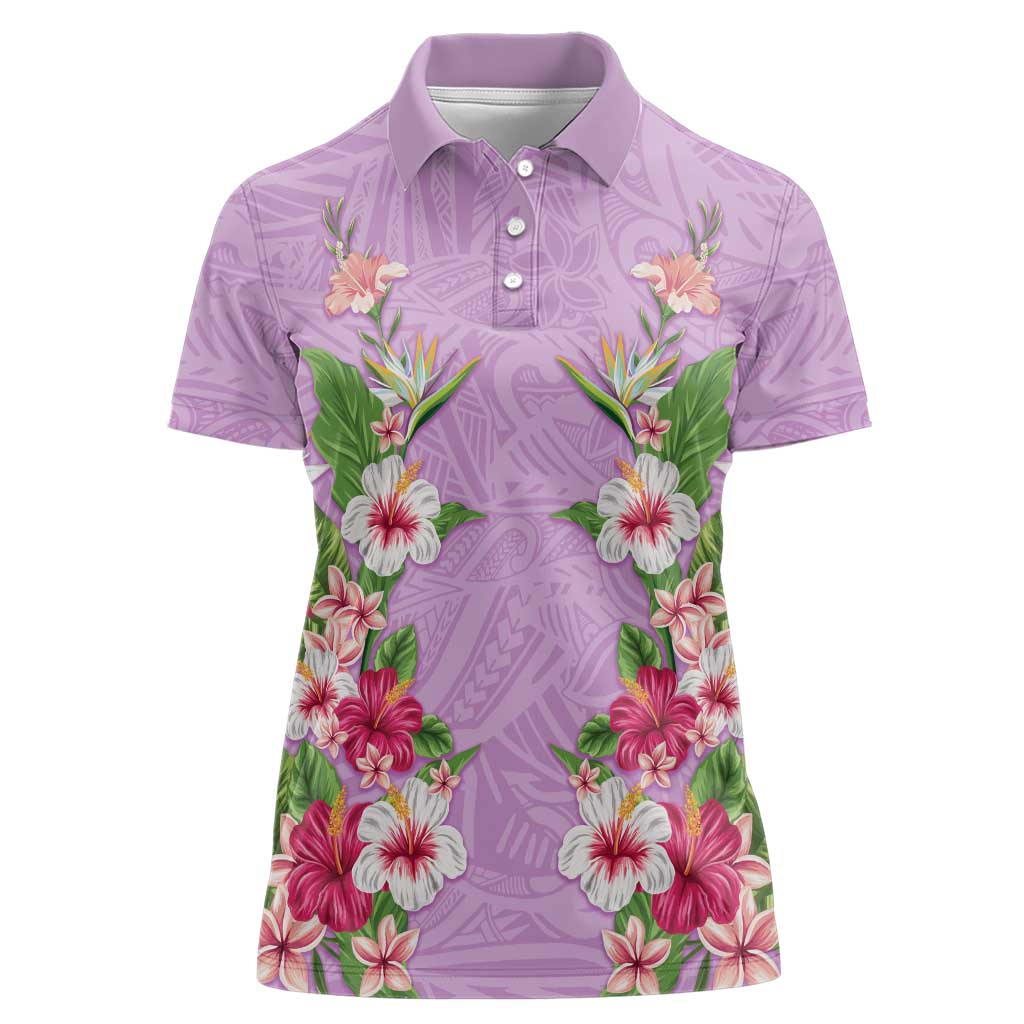 Hawaii Tropical Flowers Women Polo Shirt Lavender Polynesian Tattoo Art