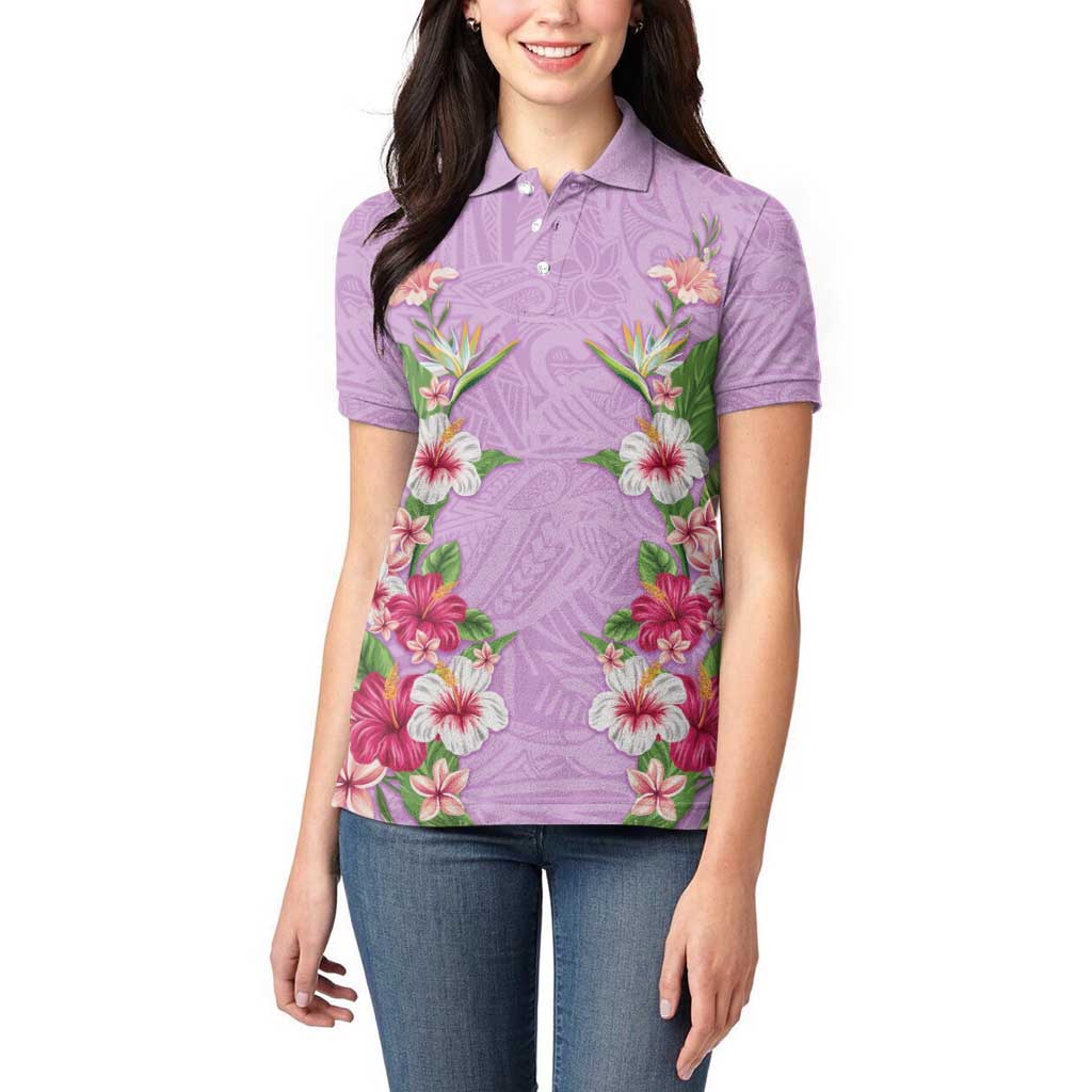 Hawaii Tropical Flowers Women Polo Shirt Lavender Polynesian Tattoo Art