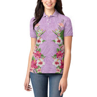 Hawaii Tropical Flowers Women Polo Shirt Lavender Polynesian Tattoo Art