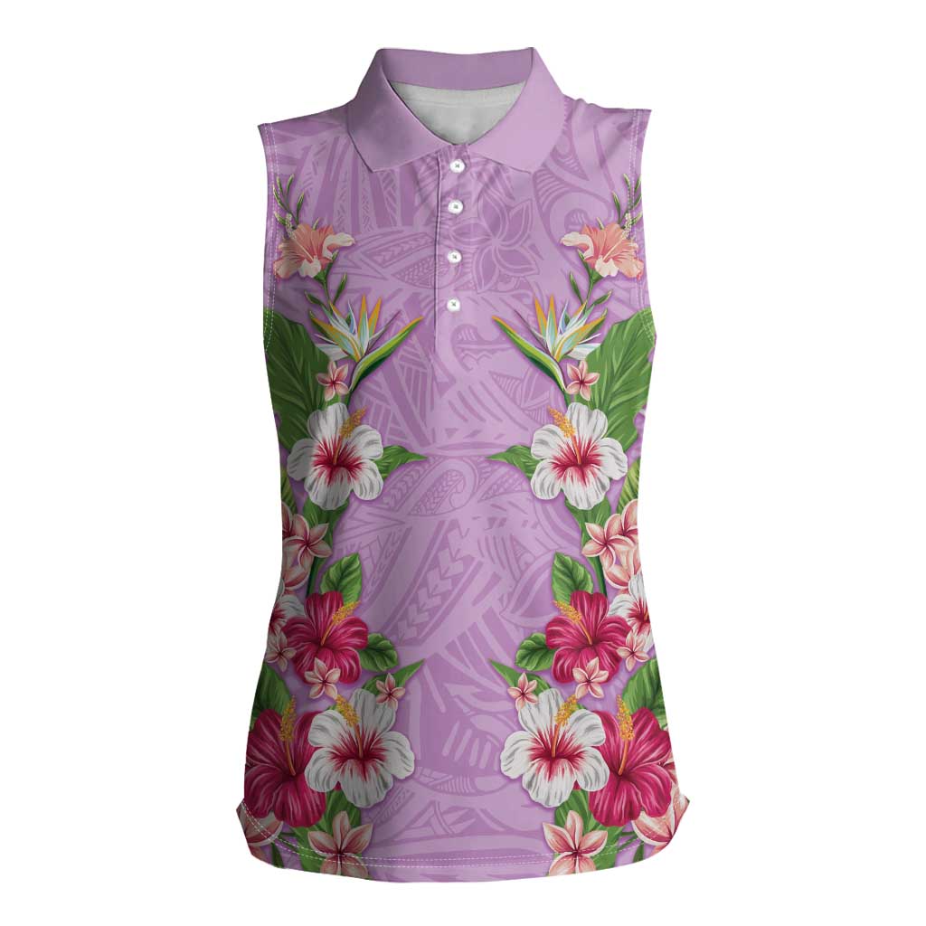 Hawaii Tropical Flowers Women Sleeveless Polo Shirt Lavender Polynesian Tattoo Art