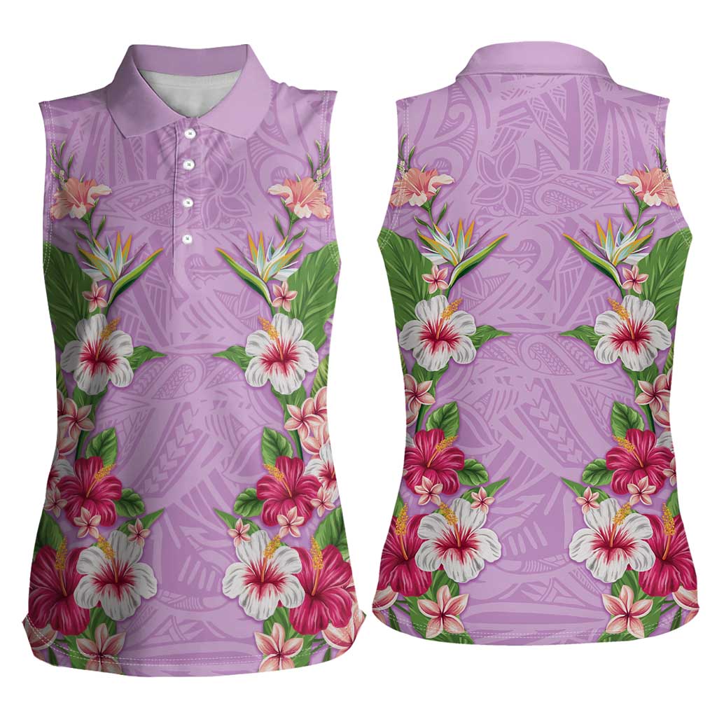 Hawaii Tropical Flowers Women Sleeveless Polo Shirt Lavender Polynesian Tattoo Art