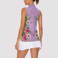 Hawaii Tropical Flowers Women Sleeveless Polo Shirt Lavender Polynesian Tattoo Art