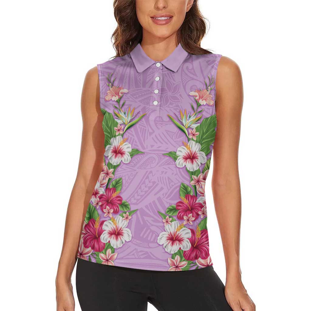 Hawaii Tropical Flowers Women Sleeveless Polo Shirt Lavender Polynesian Tattoo Art