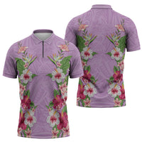 Hawaii Tropical Flowers Zipper Polo Shirt Lavender Polynesian Tattoo Art