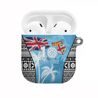 Fiji Day 2026 AirPods Case Masi Tapa Pattern With Palm Tree LT05 Blue - Polynesian Pride