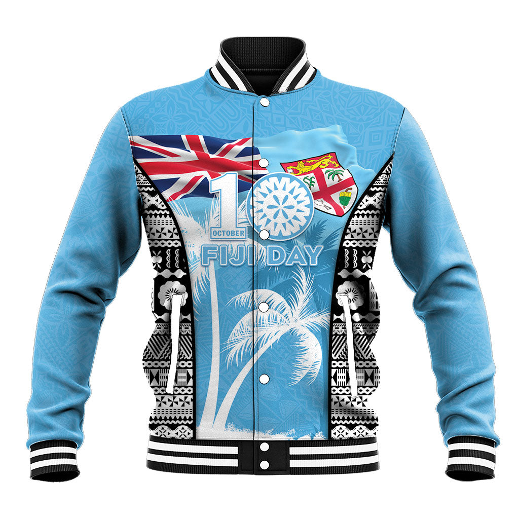 Personalised Fiji Day 2026 Baseball Jacket Masi Tapa Pattern With Palm Tree LT05 Unisex Blue - Polynesian Pride
