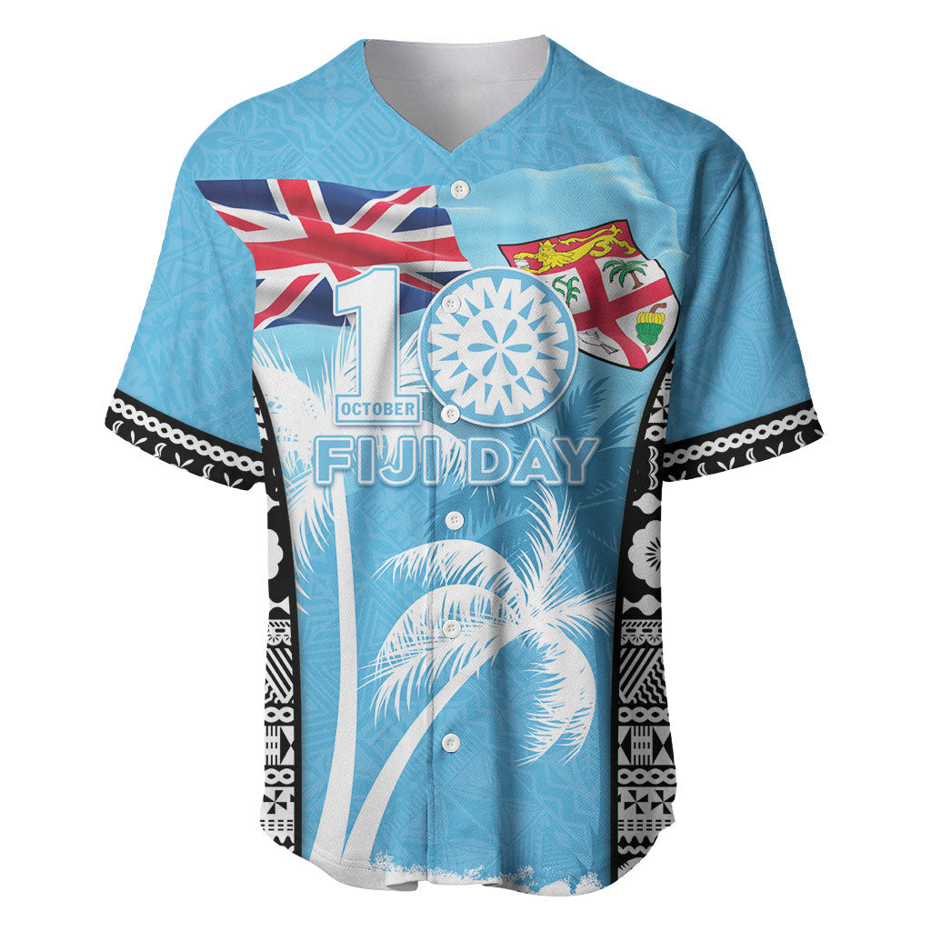 Personalised Fiji Day 2026 Baseball Jersey Masi Tapa Pattern With Palm Tree LT05 Blue - Polynesian Pride