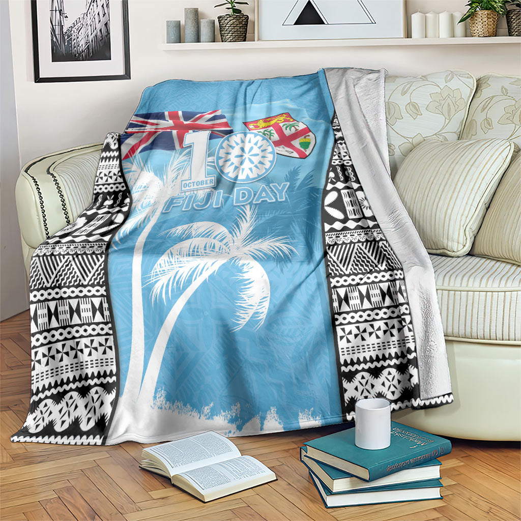 Fiji Day 2026 Blanket Masi Tapa Pattern With Palm Tree LT05 Blue - Polynesian Pride