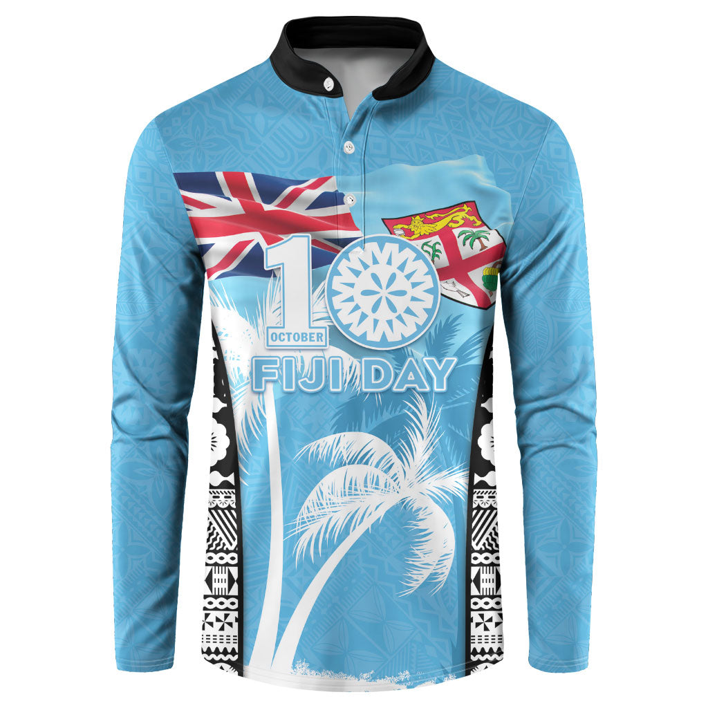Personalised Fiji Day 2026 Button Sweatshirt Masi Tapa Pattern With Palm Tree LT05 Blue - Polynesian Pride