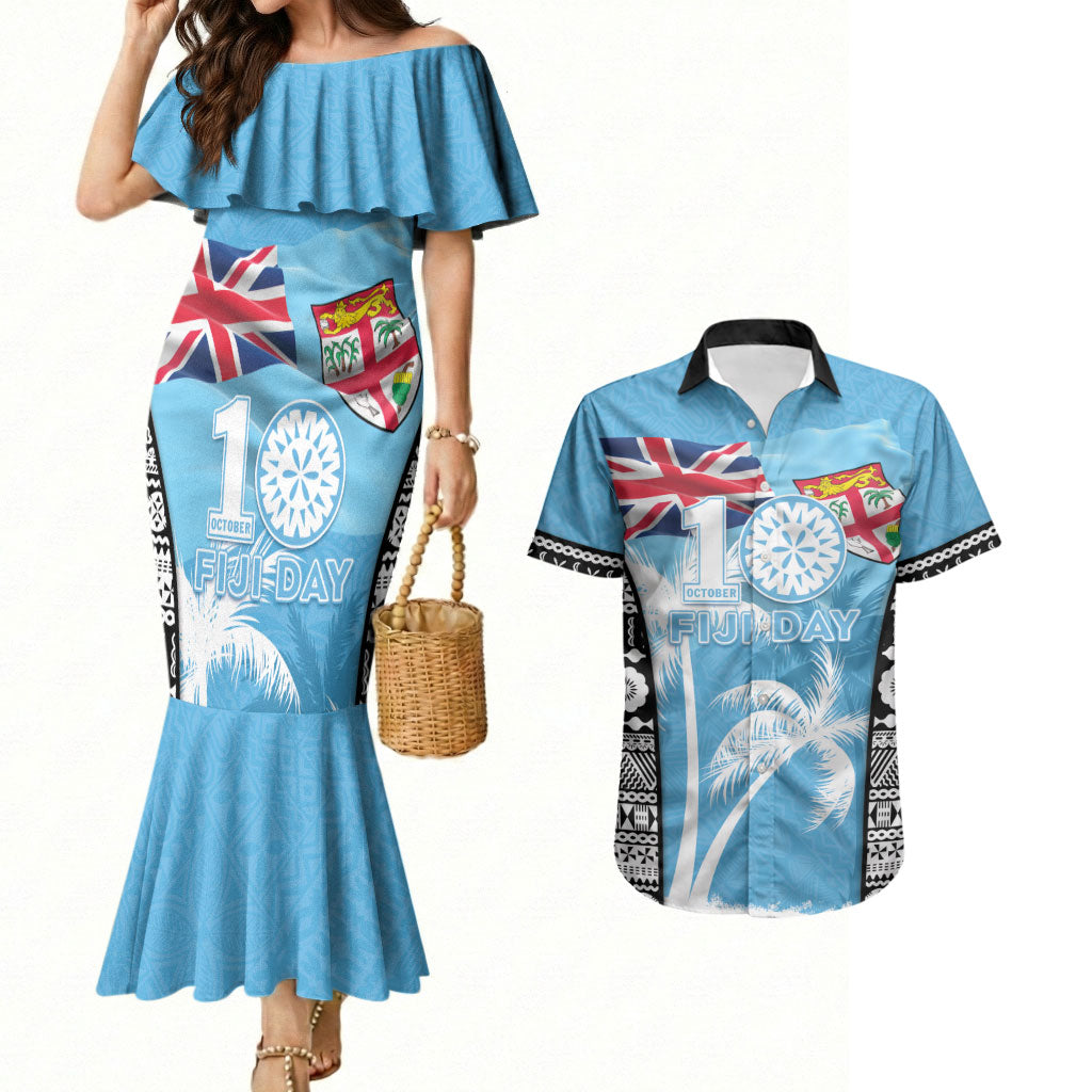 Personalised Fiji Day 2026 Couples Matching Mermaid Dress and Hawaiian Shirt Masi Tapa Pattern With Palm Tree LT05 Blue - Polynesian Pride