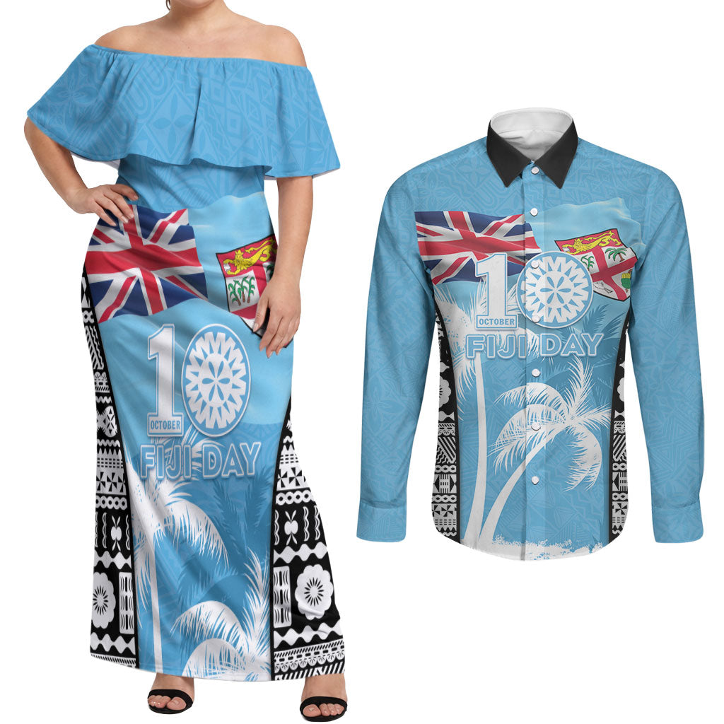 Personalised Fiji Day 2026 Couples Matching Off Shoulder Maxi Dress and Long Sleeve Button Shirt Masi Tapa Pattern With Palm Tree LT05 Blue - Polynesian Pride
