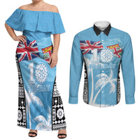 Personalised Fiji Day 2026 Couples Matching Off Shoulder Maxi Dress and Long Sleeve Button Shirt Masi Tapa Pattern With Palm Tree LT05 Blue - Polynesian Pride