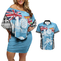Personalised Fiji Day 2026 Couples Matching Off Shoulder Short Dress and Hawaiian Shirt Masi Tapa Pattern With Palm Tree LT05 Blue - Polynesian Pride