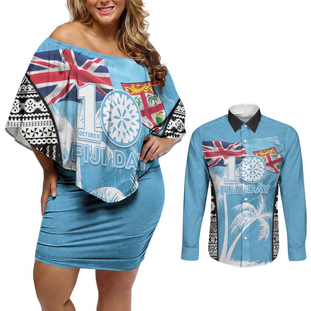Personalised Fiji Day 2026 Couples Matching Off Shoulder Short Dress and Long Sleeve Button Shirt Masi Tapa Pattern With Palm Tree LT05 Blue - Polynesian Pride