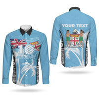 Personalised Fiji Day 2026 Couples Matching Summer Maxi Dress and Long Sleeve Button Shirt Masi Tapa Pattern With Palm Tree LT05 - Polynesian Pride